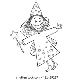 Vector hand drawn illustration of a laughing flying fairy with a magic wand