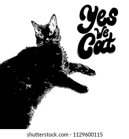 Vector hand drawn illustration of lazy cat with handwritten lettering . Template for card, poster. banner, print for t-shirt, pin, badge, patch.