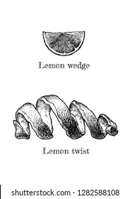 Vector hand drawn illustration of Lemon twist and wedge in vintage engraved style. isolated on white background.