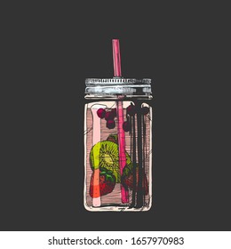 Vector hand drawn illustration of lemonade cocktail in drinking jar. Isolated on black background.  
