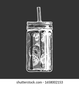 Vector hand drawn illustration of lemonade cocktail in drinking jar. Isolated on black background.  