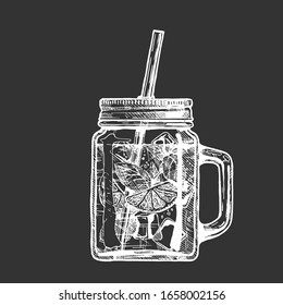 Ilustración vectorial del cóctel de limonada en el frasco. Aislado sobre fondo negro.  