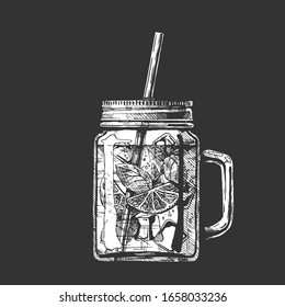 Vector hand drawn illustration of lemonade cocktail in drinking jar. Isolated on black background.  