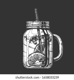 Vector hand drawn illustration of lemonade cocktail in drinking jar. Isolated on black background.  