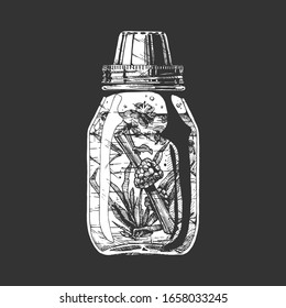 Vector hand drawn illustration of lemonade cocktail in drinking jar. Isolated on black background.  