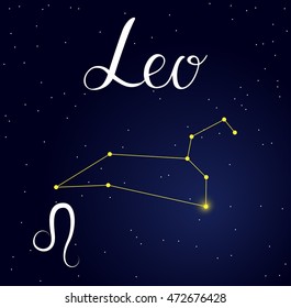 Vector hand drawn illustration of Leo with lettering Astrology latin names, Horoscope Constellation and Zodiac sign on space background. Calligraphic inscription.