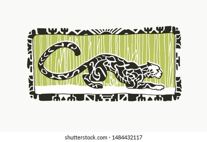 Vector hand drawn illustration with leopard on floral background in linocut style. Hand drawn sketch of jaguar with ornamental spots on fur.