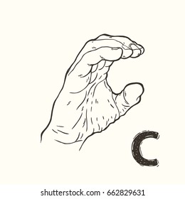 Vector hand drawn illustration of the letter C sign language latin alphabet