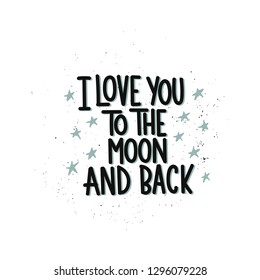 Ilustración dibujada a mano por vectores. Leyendo frases te amo a la luna y a la espalda. Idea para afiche, postal.