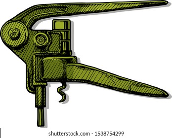 Vector hand drawn illustration of lever-style corkscrew in vintage engraved style on white background.