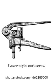 Vector hand drawn illustration of lever-style corkscrew in vintage engraved style on white background.