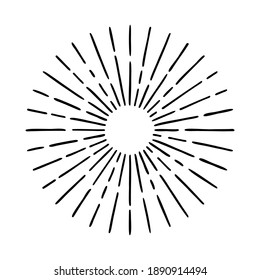 Vector hand drawn illustration of light rays, sunburst. Vintage style element, round frame, isolated on white background.