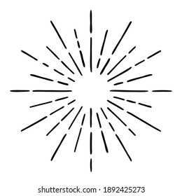 Vector hand drawn illustration of light rays, sunburst. Vintage style element, round frame, isolated on white background.