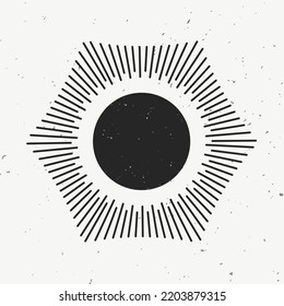 Ilustración de rayos de luz dibujada a mano por vectores, explosión de sol. Elemento de estilo vintage, marco redondo, aislado en fondo blanco.