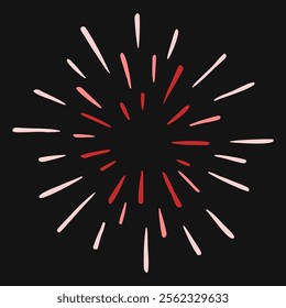 Vector hand drawn illustration of light rays, firework, sunburst. Vintage style element, round frame, isolated on black background.