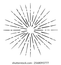 Vector hand drawn illustration of light rays, firework, sunburst. Vintage style element, round frame, isolated on white background.