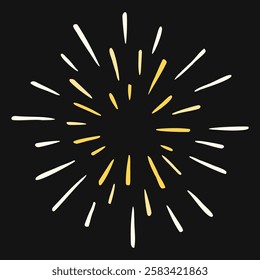 Vector hand drawn illustration of light rays, firework, sunburst. Vintage style element, round frame, isolated on black background.