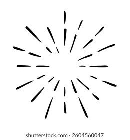 Vector hand drawn illustration of light rays, firework, sunburst. Vintage style element, round frame, isolated on white background.