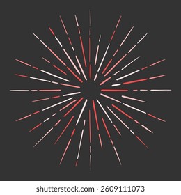Vector hand drawn illustration of light rays, firework, sunburst. Vintage style element, round frame, isolated on black background.