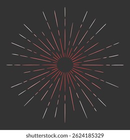 Vector hand drawn illustration of light rays, firework, sunburst. Vintage style element, round frame, isolated on black background.