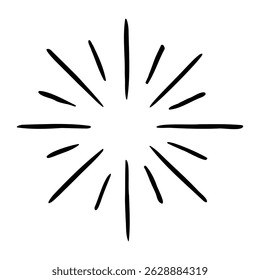 Vector hand drawn illustration of light rays, firework, sunburst. Vintage style element, round frame, isolated on white background.