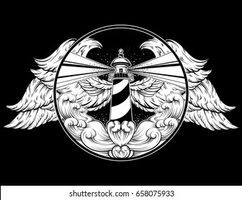 Vector hand drawn illustration of lighthouse with rays and waves. Tattoo artwork with wings. Template for card, poster, banner, print for t-shirt.