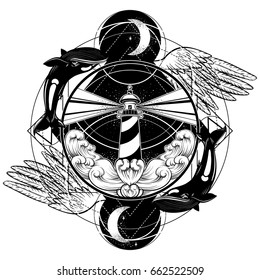 Vector hand drawn illustration of lighthouse with rays and waves. Tattoo artwork with whales and wings. Template for card, poster, banner, print for t-shirt.