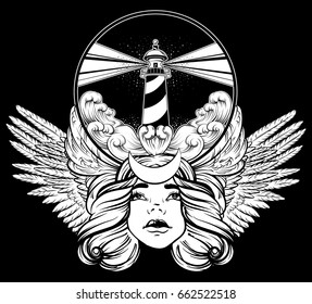 Vector hand drawn illustration of lighthouse with rays and waves. Tattoo artwork with portrait of pretty girl and wings. Template for card, poster, banner, print for t-shirt.