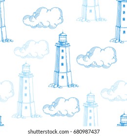 Vector hand drawn illustration with lighthouse and clouds. Nautical vintage texture. Sketch style