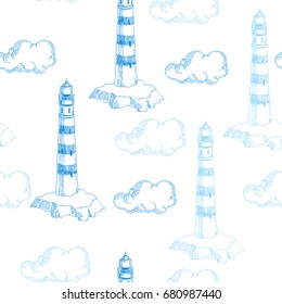 Vector hand drawn illustration with lighthouse and clouds. Nautical vintage texture. Sketch style
