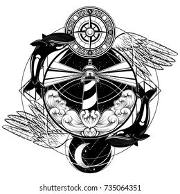 Vector hand drawn illustration of lighthouse with rays, waves, wings,whales and vintage compass. Tattoo artwork. Template for card, poster, banner, print for t-shirt.