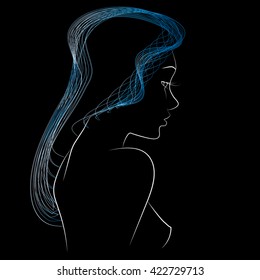 Vector hand drawn illustration in line art style. Portrait of a beautiful asian woman. Elegant japanese girl with long hair. Light delicate background element for your design