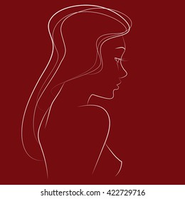 Vector hand drawn illustration in line art style. Portrait of a beautiful asian woman. Elegant japanese girl with long hair. Light delicate background element for your design