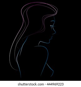 Vector hand drawn illustration in line art style. Portrait of a beautiful asian woman. Elegant japanese girl with long hair. Light delicate background element for your fashion and beauty design