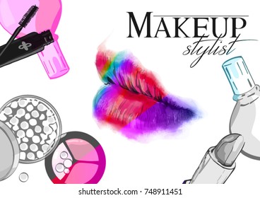 Vector hand drawn illustration of lips and bits and pieces of makeup.