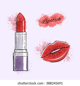 Vector hand drawn illustration of lipstick and lips with watercolor spots