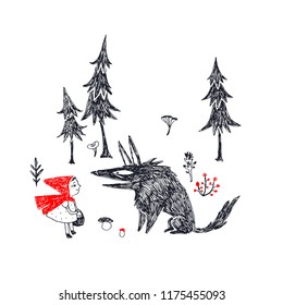 Vector hand drawn illustration of Little Red Riding Hood and Bad Wolf in sketch style. Fairy tale characters talking in forest isolated on white.