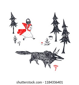 Vector hand drawn illustration of Little Red Riding Hood and Bad Wolf running in forest. Fairy tale characters in sketch style