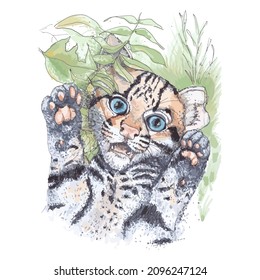 Ilustración de un pequeño cubo de tigre en el follaje dibujada a mano por vectores. Colores pasteles. Puedes hacer un afiche lindo, una pegatina, un recuerdo, imprimir en la ropa.