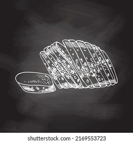 Vector hand drawn illustration of loaf of sliced bread. White sketch isolated on black chalkboard. Sketch icon and bakery element for print, web, mobile and infographics.