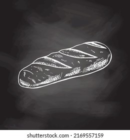 Vector hand drawn illustration of loaf of bread. White sketch isolated on black chalkboard.  Sketch icon and bakery element for print, web, mobile and infographics.