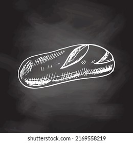Vector hand drawn illustration of loaf of bread. White sketch isolated on black chalkboard. Sketch icon and bakery element for print, web, mobile and infographics.