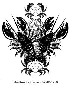 Vector hand drawn  illustration of lobster and crab in realistic style isolated.  Hand sketched artwork with animal. Tattoo art.  Template for card poster banner print for t-shirt.