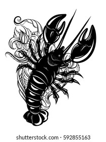 Vector hand drawn  illustration of lobster in realistic style isolated.  Hand sketched artwork with animal. Tattoo art.  Template for card poster banner print for t-shirt.