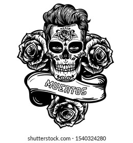 Vector hand drawn illustration logo of Day Of The Dead Skull Muertos. Skull sugar flower. Skull tattoo isolated on white.