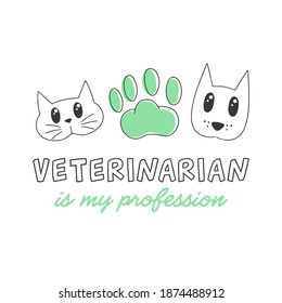 Vector hand drawn illustration, logotype for veterinary clinic or print for shirt. Dog, paw, cat and text, isolated on white background