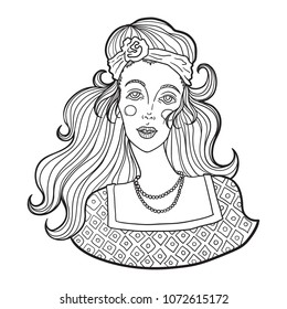 Vector hand drawn illustration of long haired hippie girl. Black line on a white background.