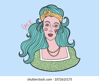 Vector hand drawn illustration of long haired hippie girl in bright colors. Green hair on a blue background.