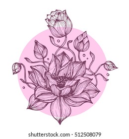 Vector hand drawn illustration with lotus flowers. Realistic element for design.Vector background.