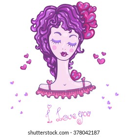 Vector hand drawn illustration  love card. Girl with heart in purple hair. Original hand drawn phrase I love you. Painted on a white background